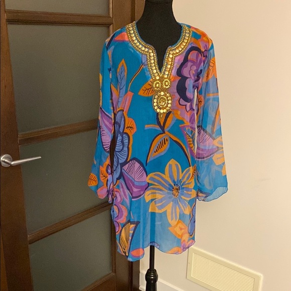 Colorful Floral Tunic or Beach Coverup with Gold Details - Picture 1 of 8